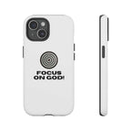 Faith Focus phone case with "Focus on God" design, durable dual layer protection, lightweight, matte finish, and open ports for wireless charging.