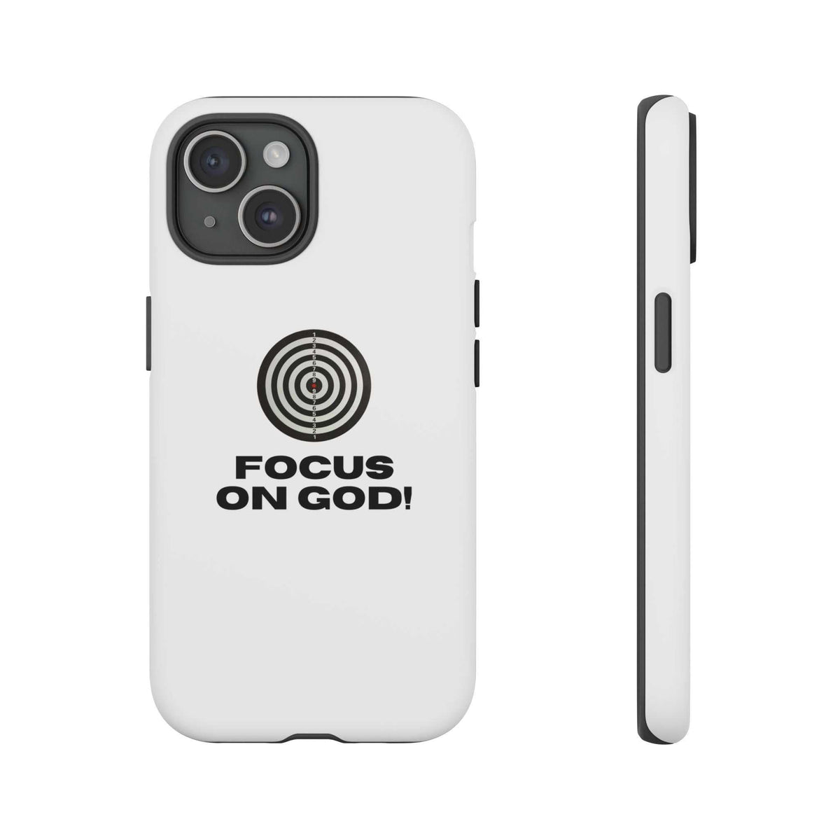 Faith Focus phone case with "Focus on God" design, durable dual layer protection, lightweight, matte finish, and open ports for wireless charging.