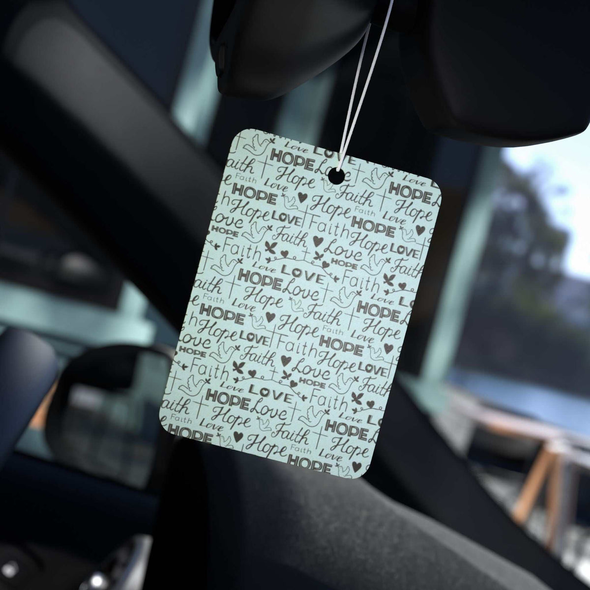 Faith Hope Love car air freshener with inspirational text