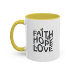 Faith Hope Love mug with yellow handle and interior, butterfly design