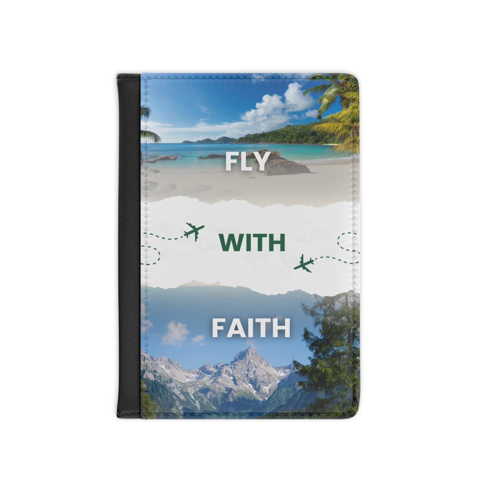 Black PU leather passport cover with "Fly with Faith" text and scenic beach and mountain design, RFID blocking and inner pockets.