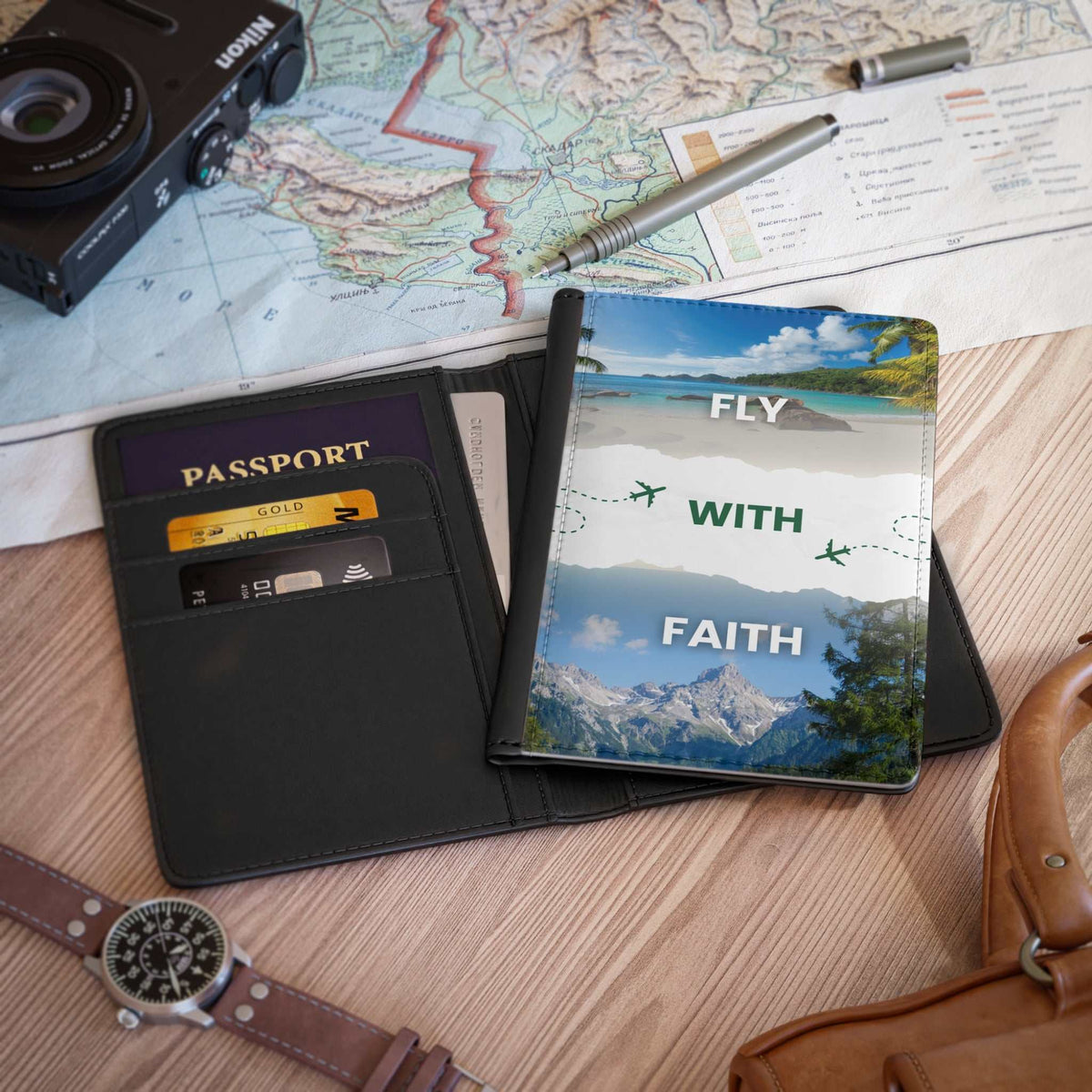 Fly with Faith black PU leather passport cover with inner card pockets and RFID blocking displaying mountain and beach design