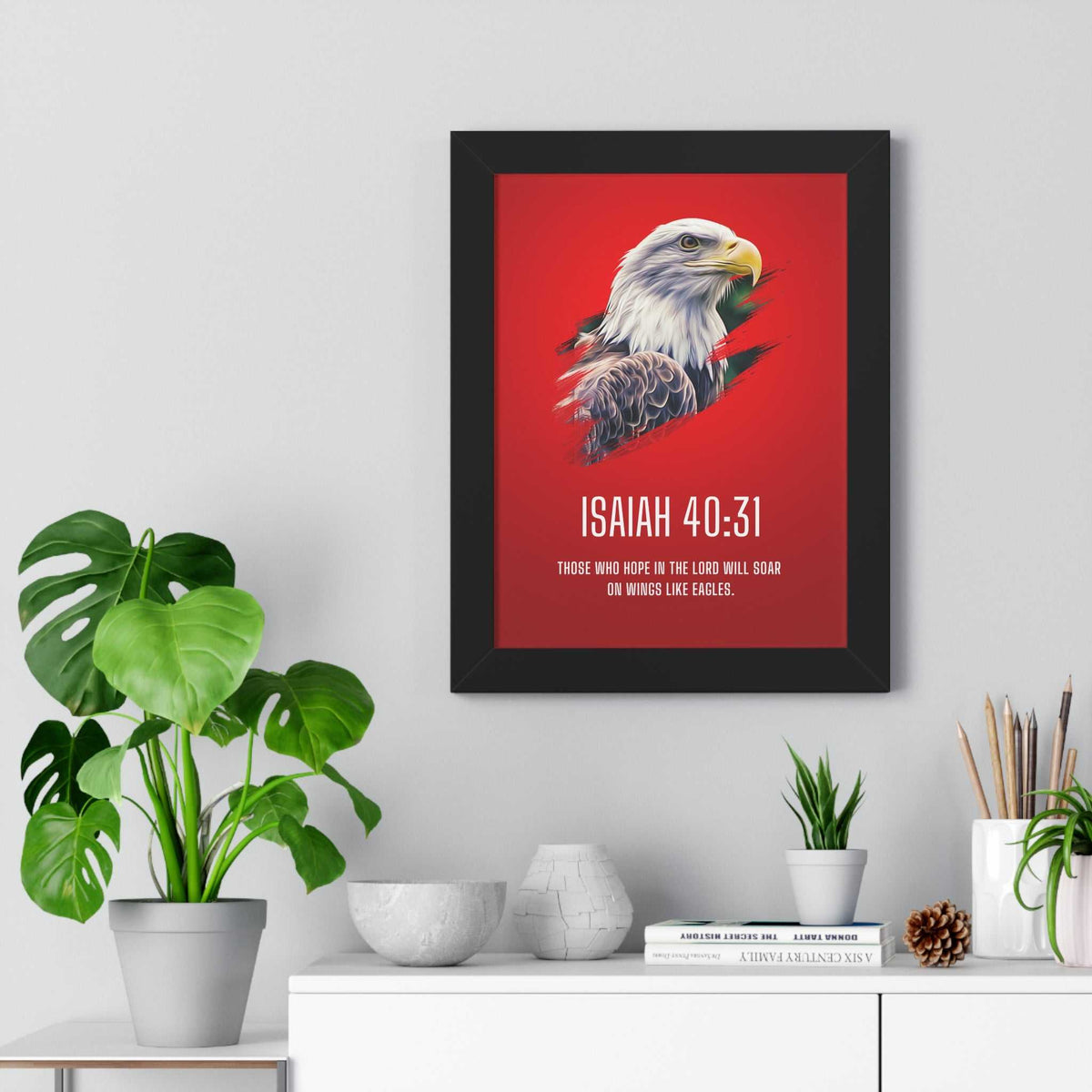 Isaiah 40:31 poster with eagle illustration and inspirational Bible verse on red background in modern black frame