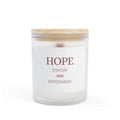 Natural off-white Hope Glass Candle with coconut soy wax, wooden wick, frosted glass vessel, and raw maple lid for 50-hour burn time.
