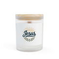 Frosted glass Jesus glass candle with wooden wick and raw maple lid