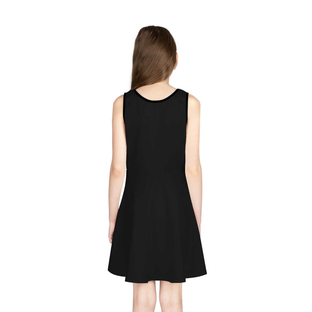 back view of black sleeveless sundress on girl with a-line mid-length cut