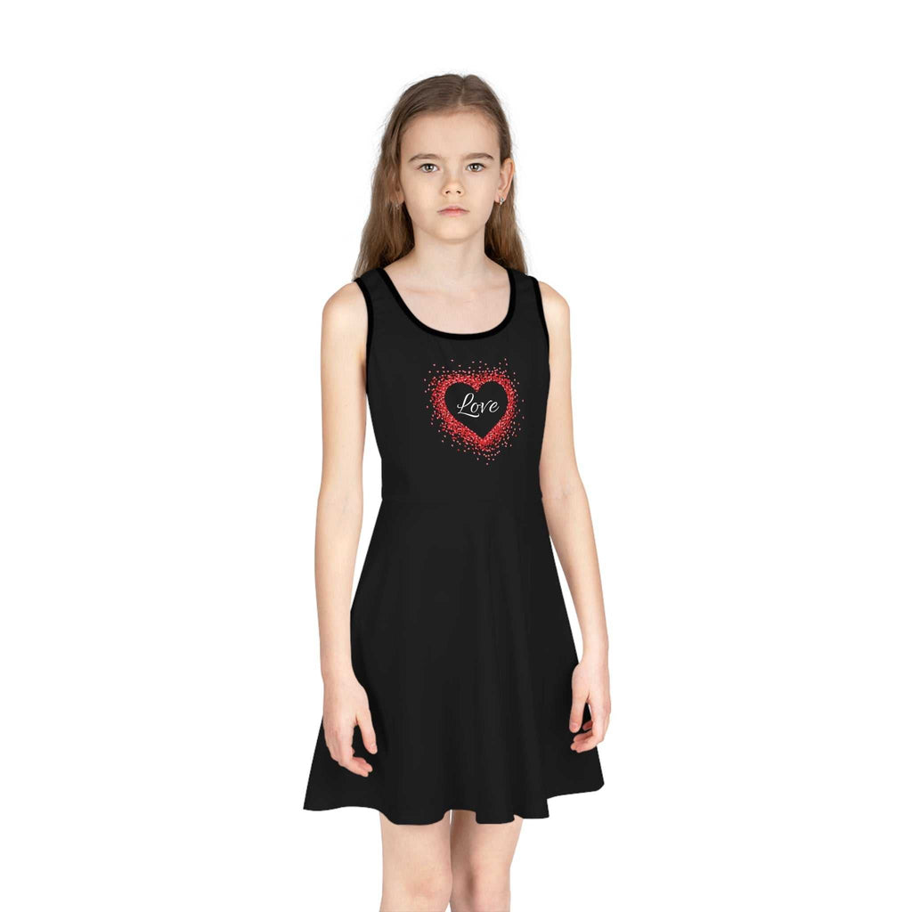Black sleeveless sundress with red heart and "Love" text, mid-length A-line design for girls