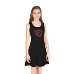 Black sleeveless sundress with red heart and "Love" text, mid-length A-line design for girls