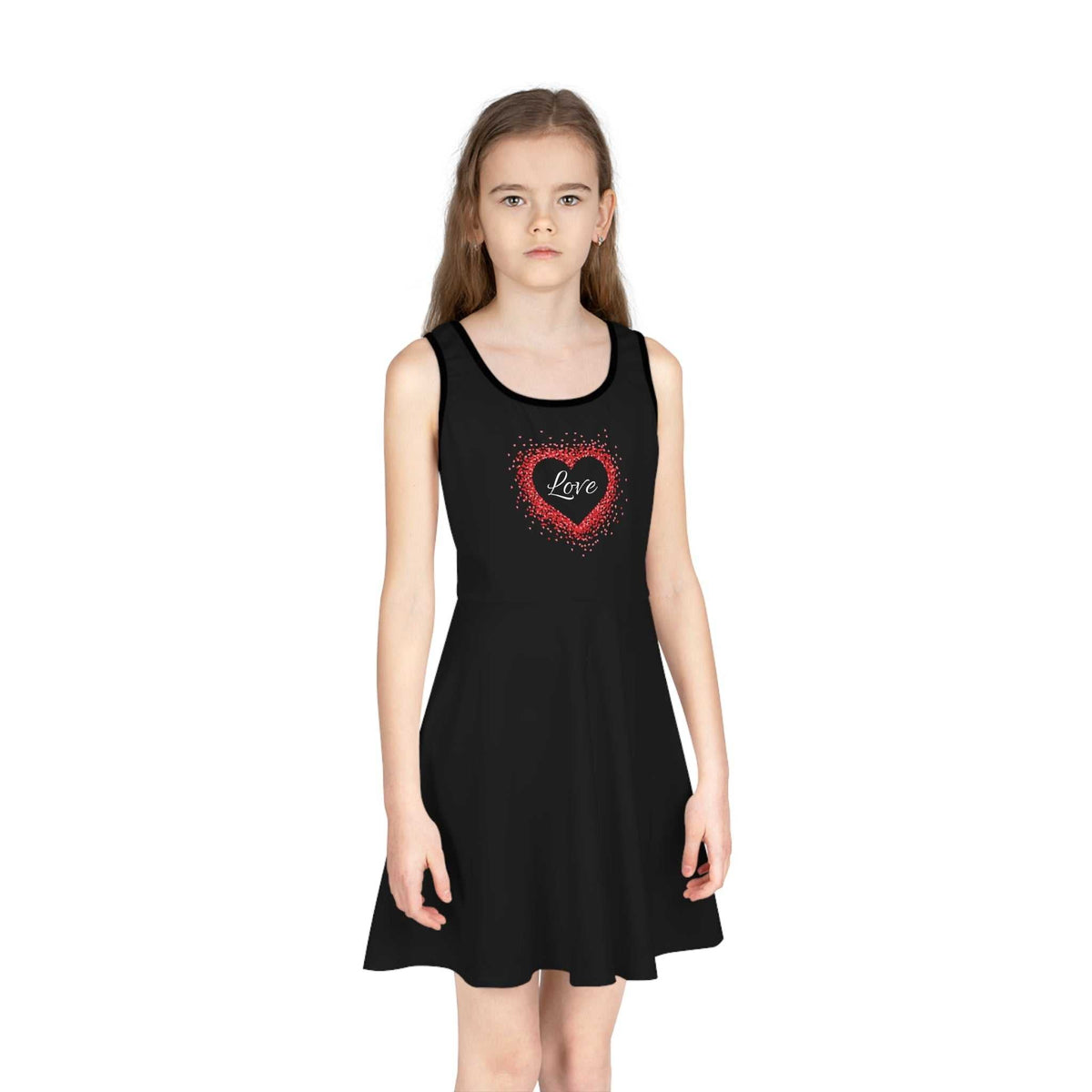 Black sleeveless sundress with red heart and "Love" text, mid-length A-line design for girls