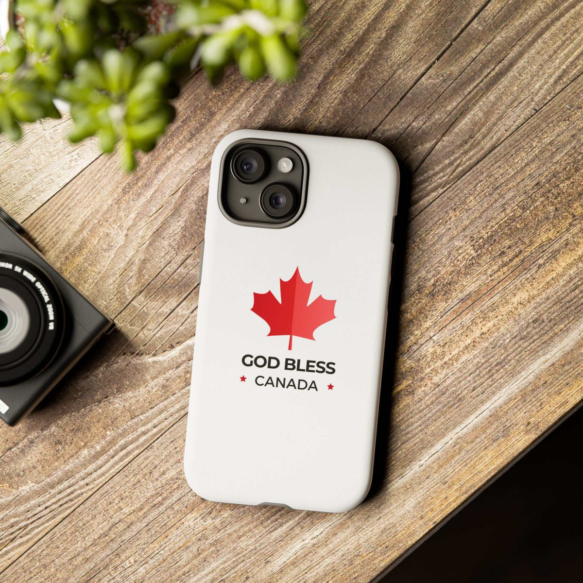 God Bless Canada phone case with red maple leaf design