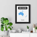 God Bless Oceania poster with blue map on premium matte paper in black frame displayed on wall with plants and decor