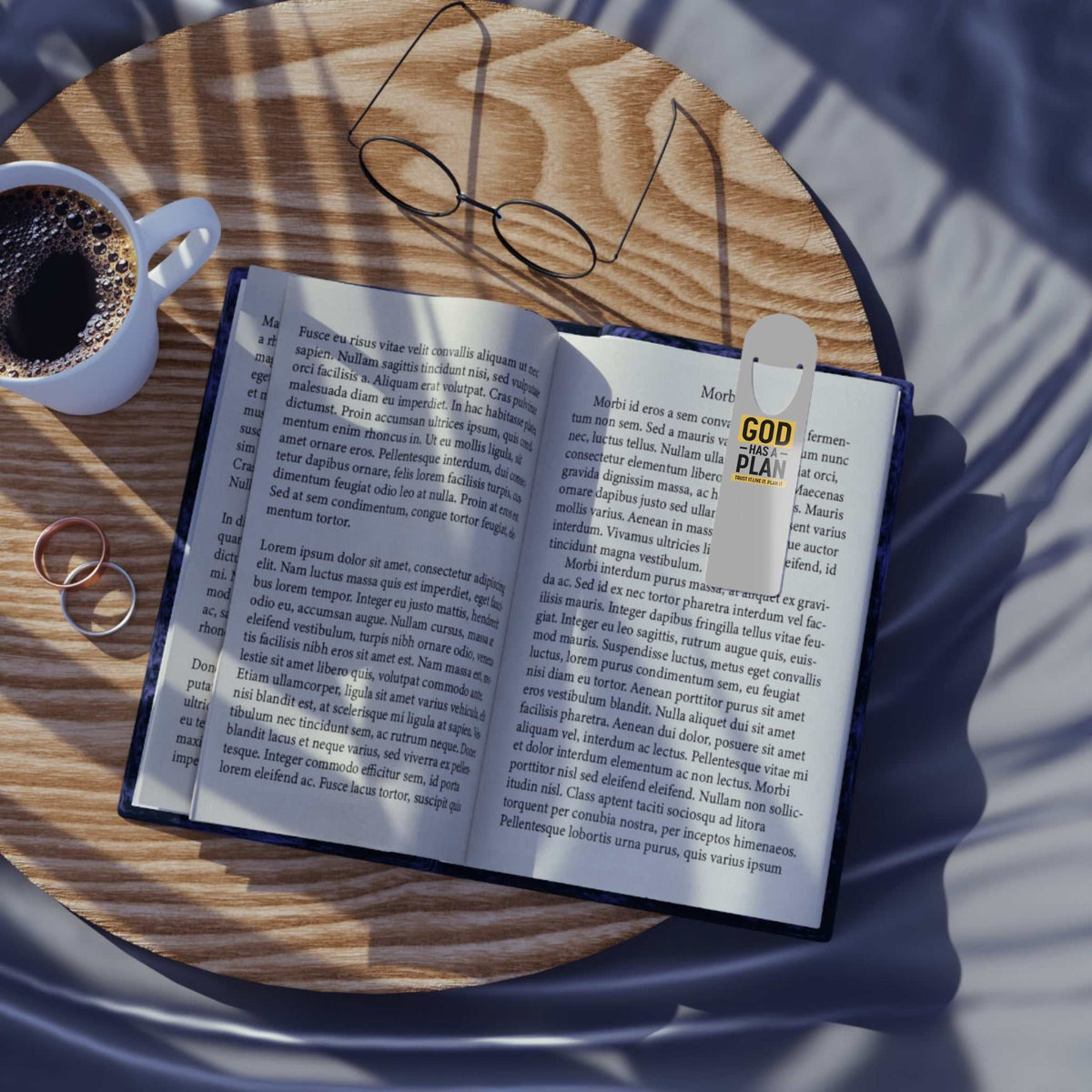 God's Plan Bookmark aluminum holder with slot on open book