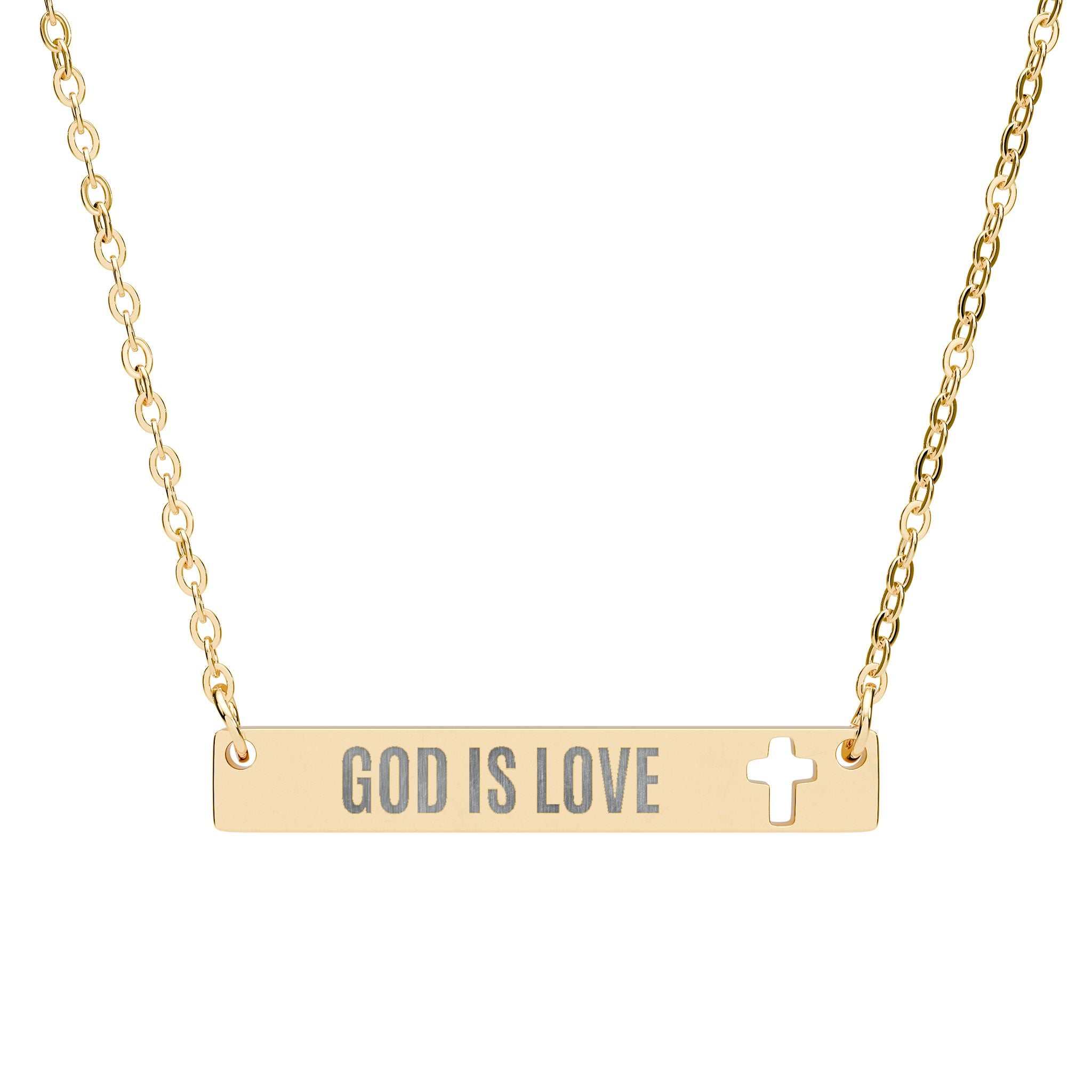 Gold God Is Love Necklace with cutout cross pendant