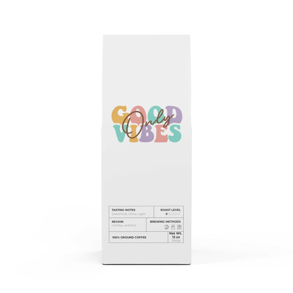 Good Vibes Coffee light roast 12oz bag with dried fruit and citrus notes