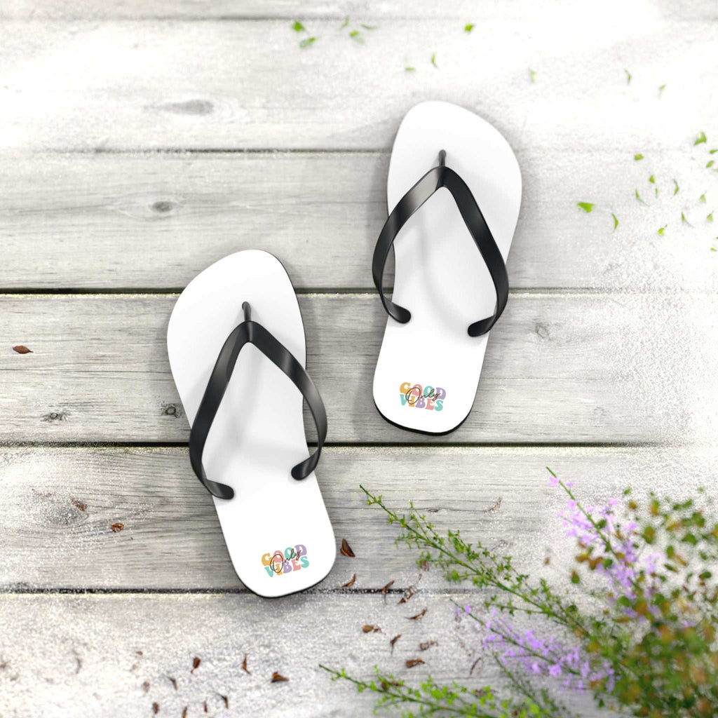Good Vibes Flip Flops white with black straps and colorful logo