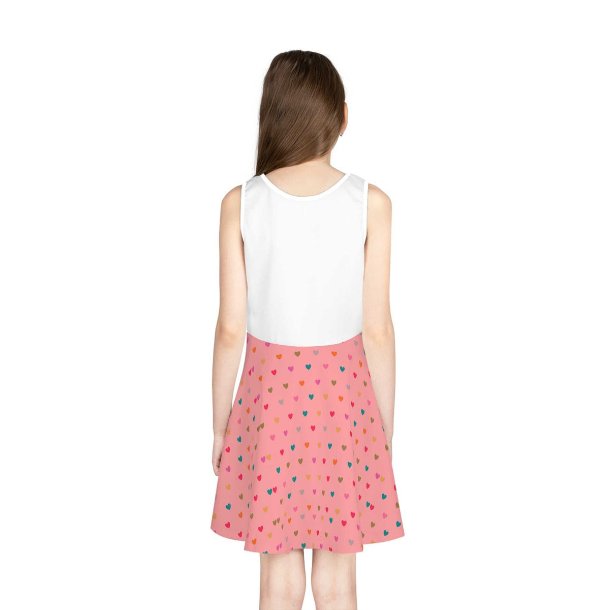 Back view of a sleeveless sundress with a white top and pink A-line skirt featuring colorful heart patterns