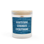 Gratitude Glass Candle with frosted glass vessel and wooden wick