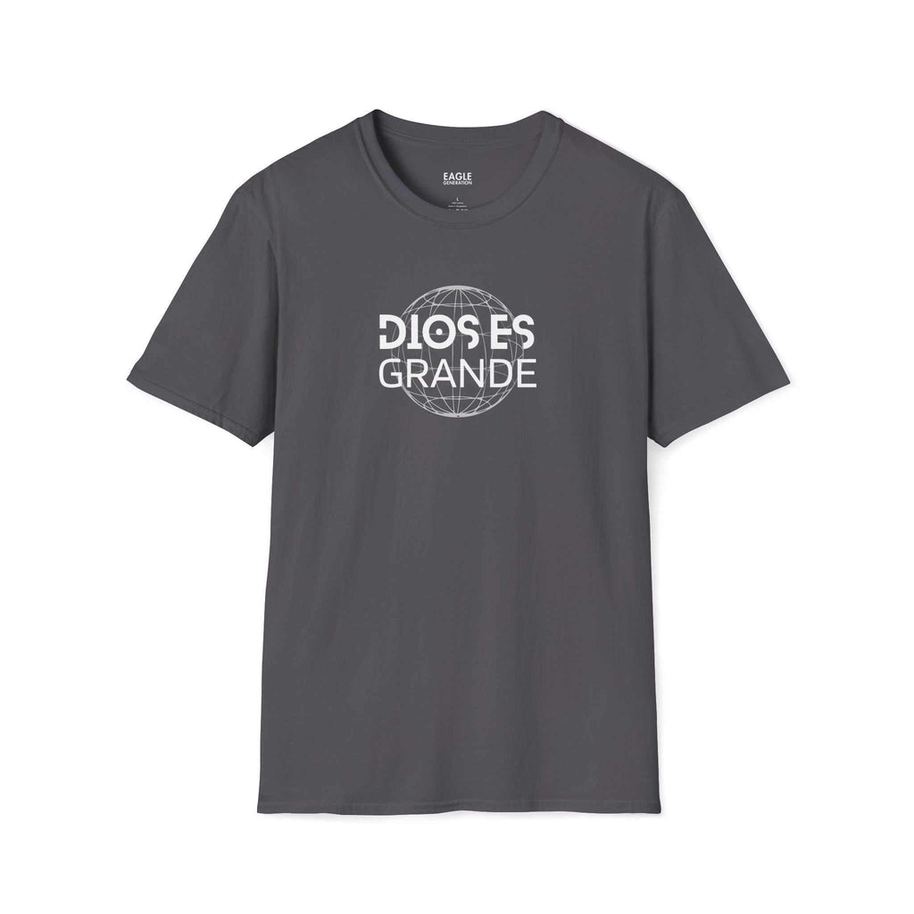 Dios Es Grande T-shirt in dark gray with white faith-inspired text design, made of 100% cotton and classic fit