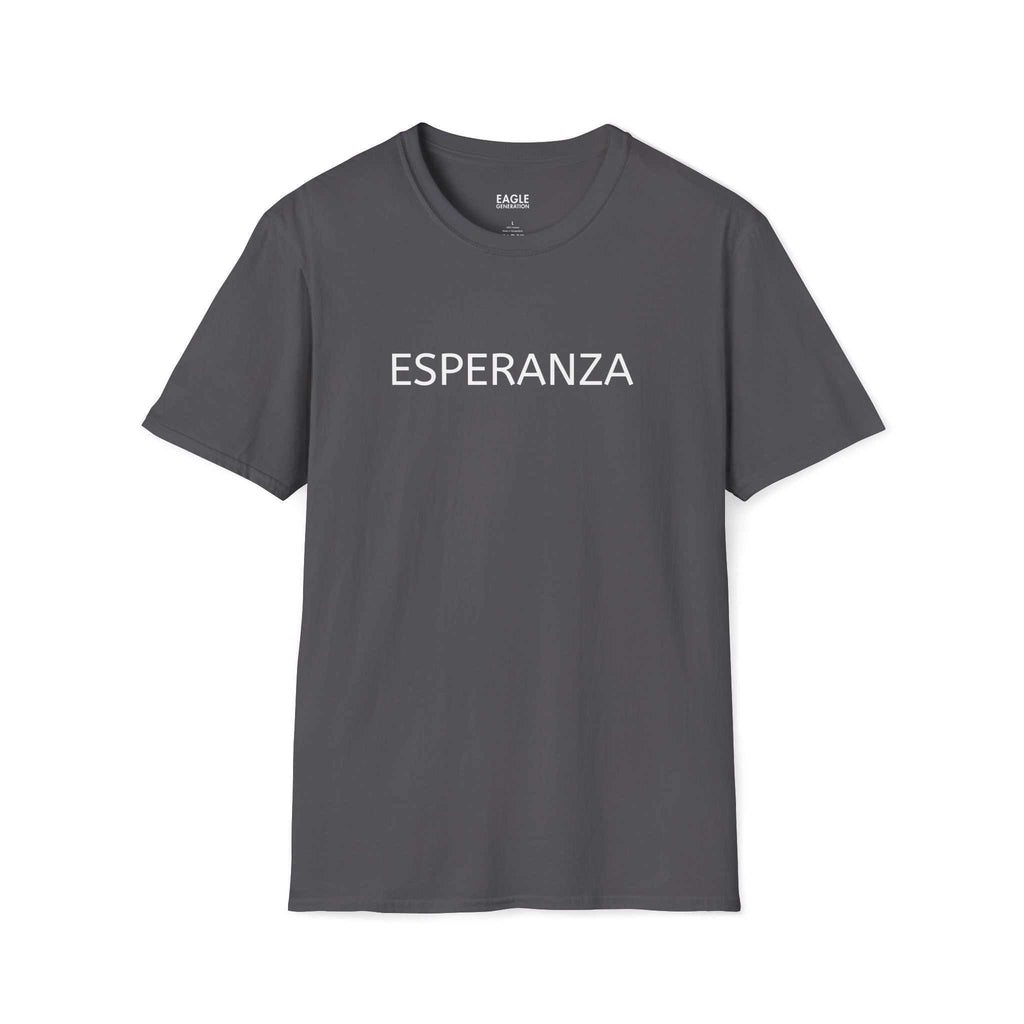 Gray Esperanza T-shirt with white text, 100% cotton, classic fit, tear-away label