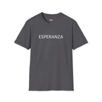 Gray Esperanza T-shirt with white text, 100% cotton, classic fit, tear-away label