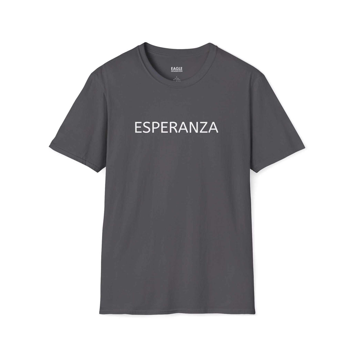 Gray Esperanza T-shirt with white text, 100% cotton, classic fit, tear-away label