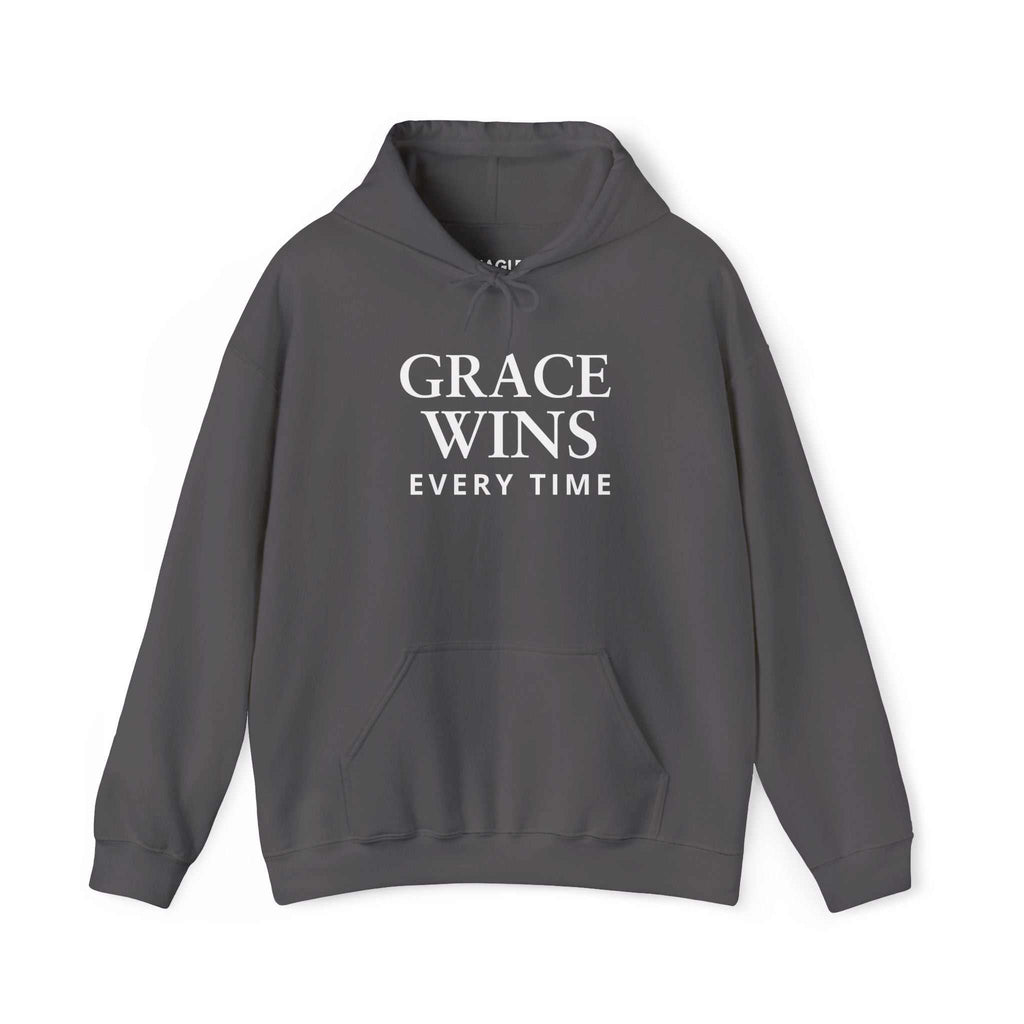 Gray Grace Wins Hoodie with white text, cotton-polyester blend, classic fit, tear-away label, comfortable faith-inspired design