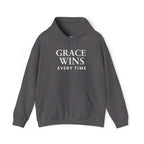 Gray Grace Wins Hoodie with white text, cotton-polyester blend, classic fit, tear-away label, comfortable faith-inspired design