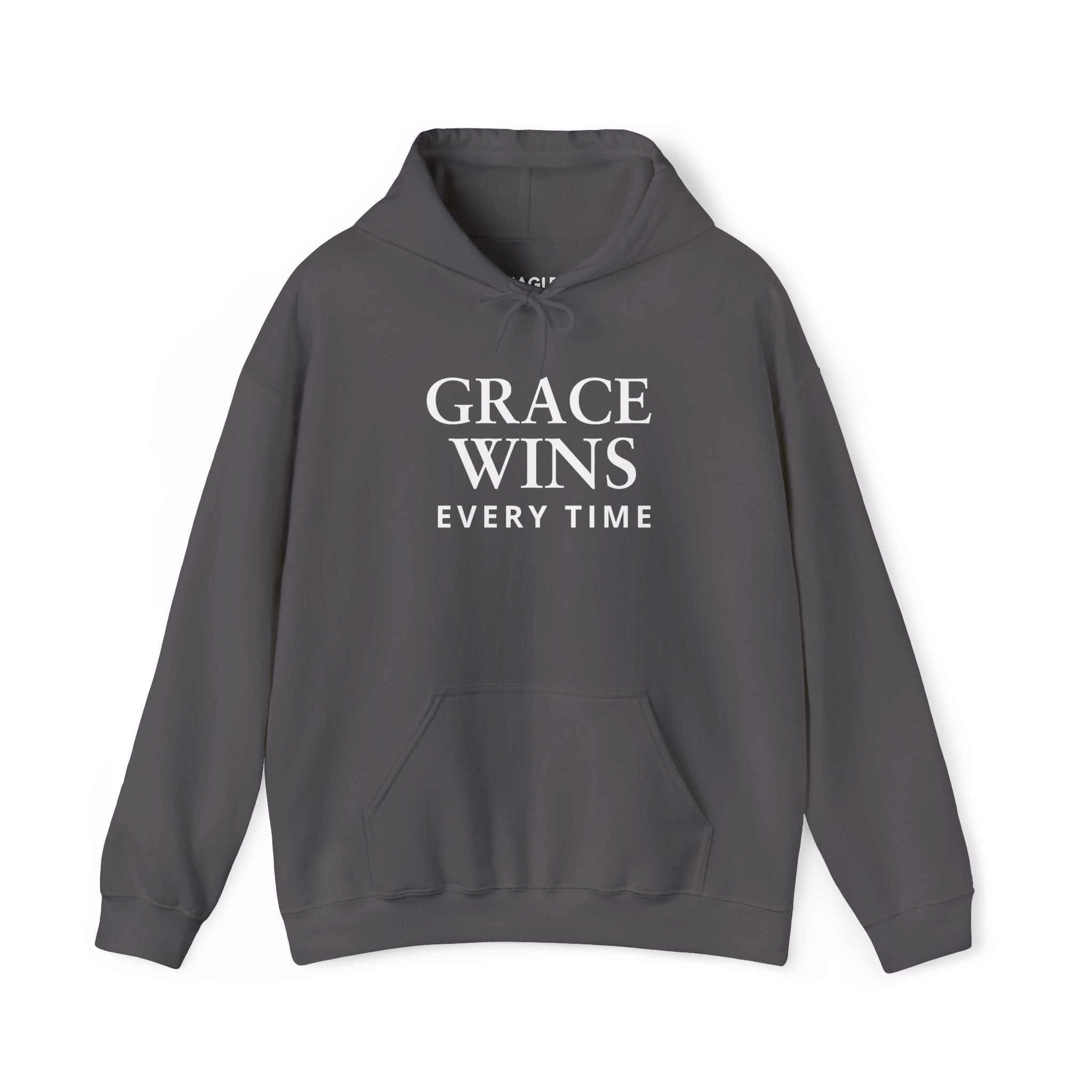 Gray Grace Wins Hoodie with white text, cotton-polyester blend, classic fit, tear-away label, comfortable faith-inspired design