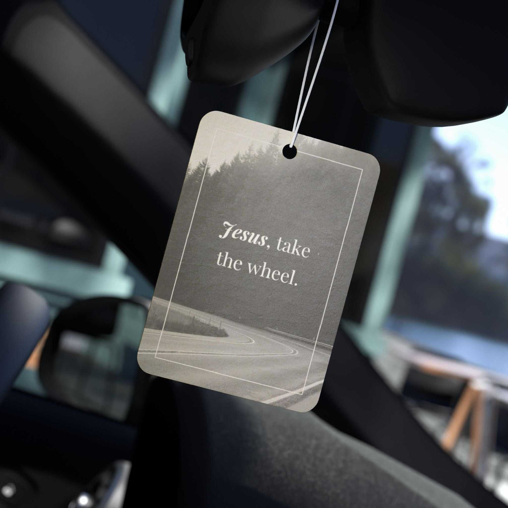 Guided by Jesus car air freshener with "Jesus, take the wheel" text