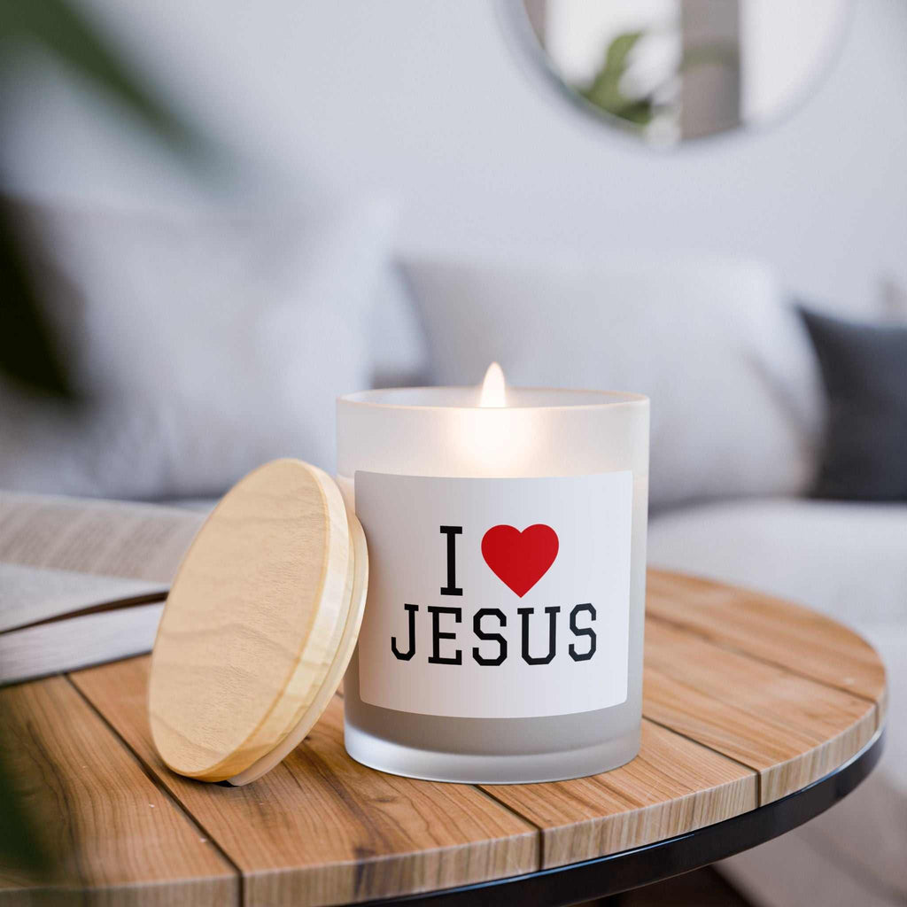 I Love Jesus Candle 11oz frosted glass with wooden wick and raw maple lid, natural off-white coconut soy wax