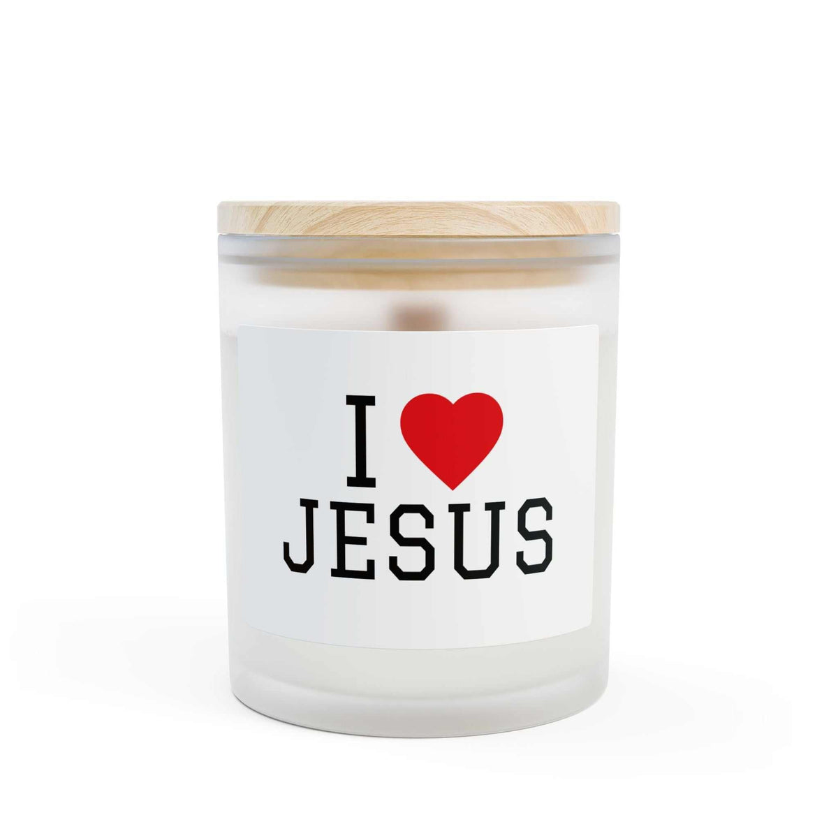 I Love Jesus Candle in frosted glass with wooden wick and maple lid, 11oz coconut soy wax blend