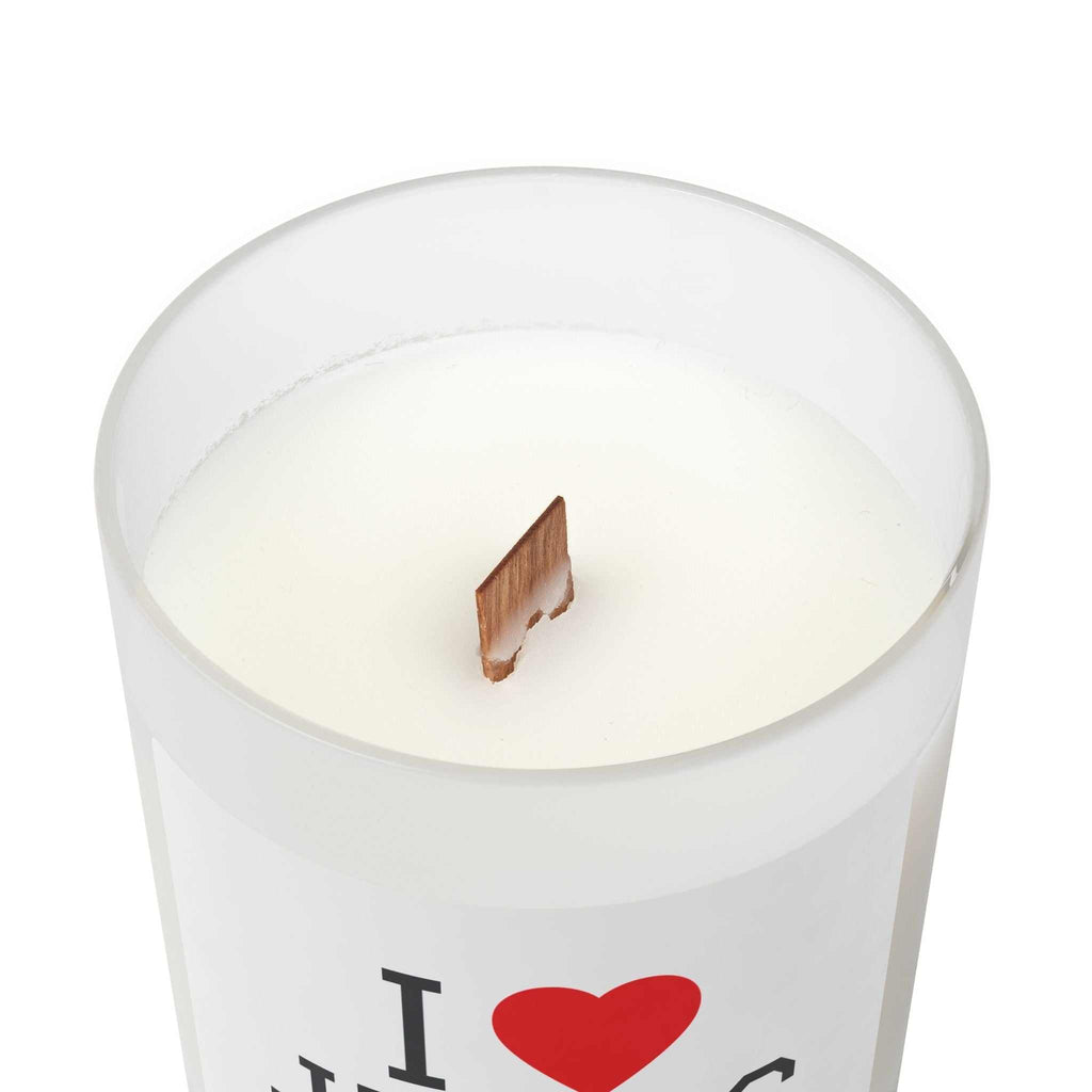 I Love Jesus Candle in frosted glass with wooden wick and maple lid burning gently