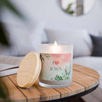 I Love Jesus glass candle with wooden wick in frosted glass, natural off-white coconut soy wax, 50-hour burn time