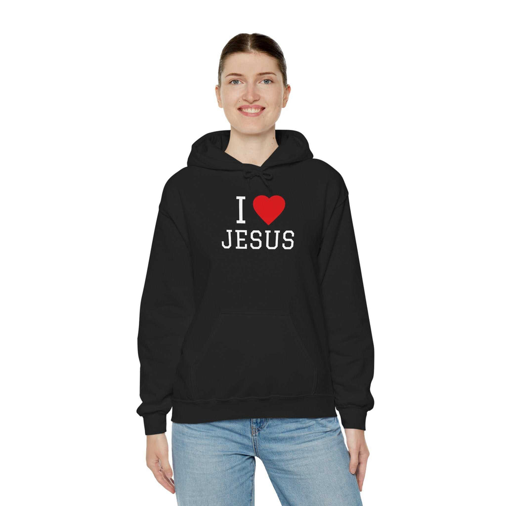 Unisex I Love Jesus Hoodie made of soft 100% cotton with durable twill tape shoulders and ribbed crew neckline