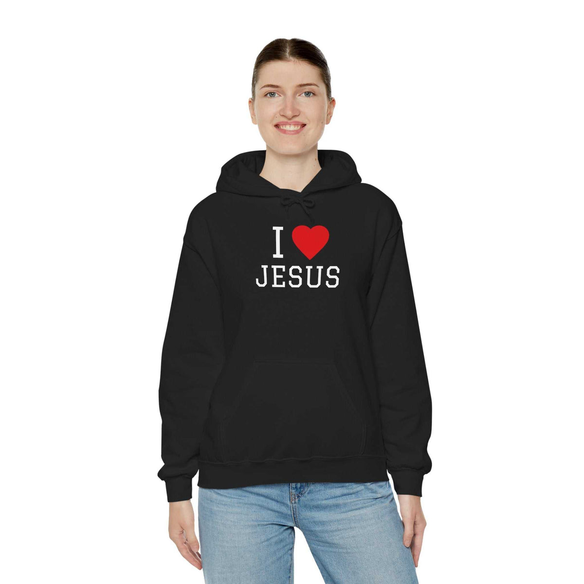 Unisex I Love Jesus Hoodie made of soft 100% cotton with durable twill tape shoulders and ribbed crew neckline