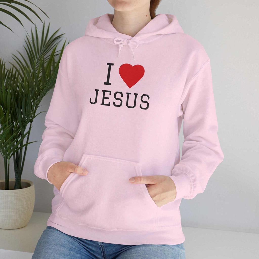 Unisex I Love Jesus Hoodie made from soft 100% cotton with durable twill tape shoulders and ribbed collar