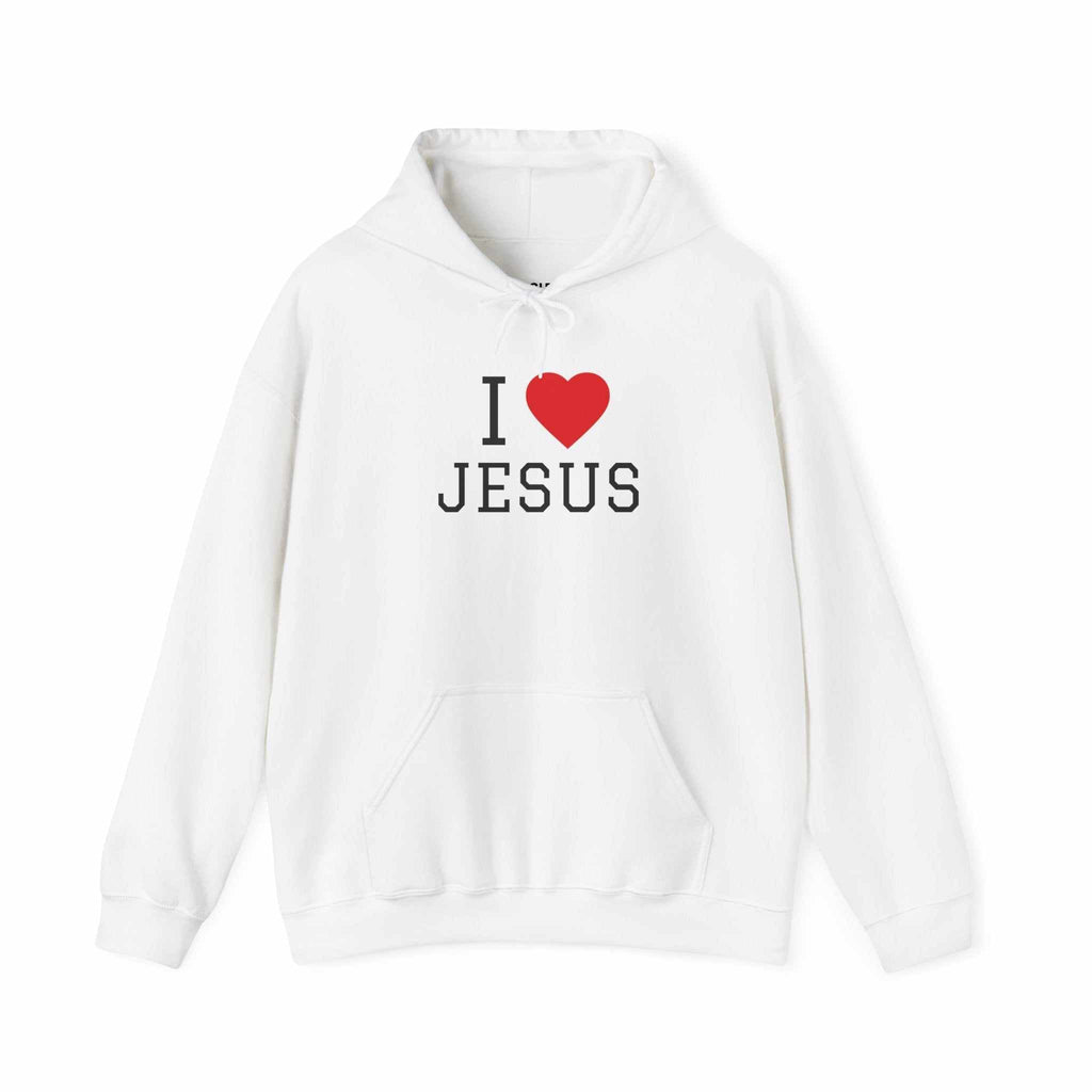 Unisex I Love Jesus Hoodie made of soft, durable cotton blend with classic crew neckline and ethical production