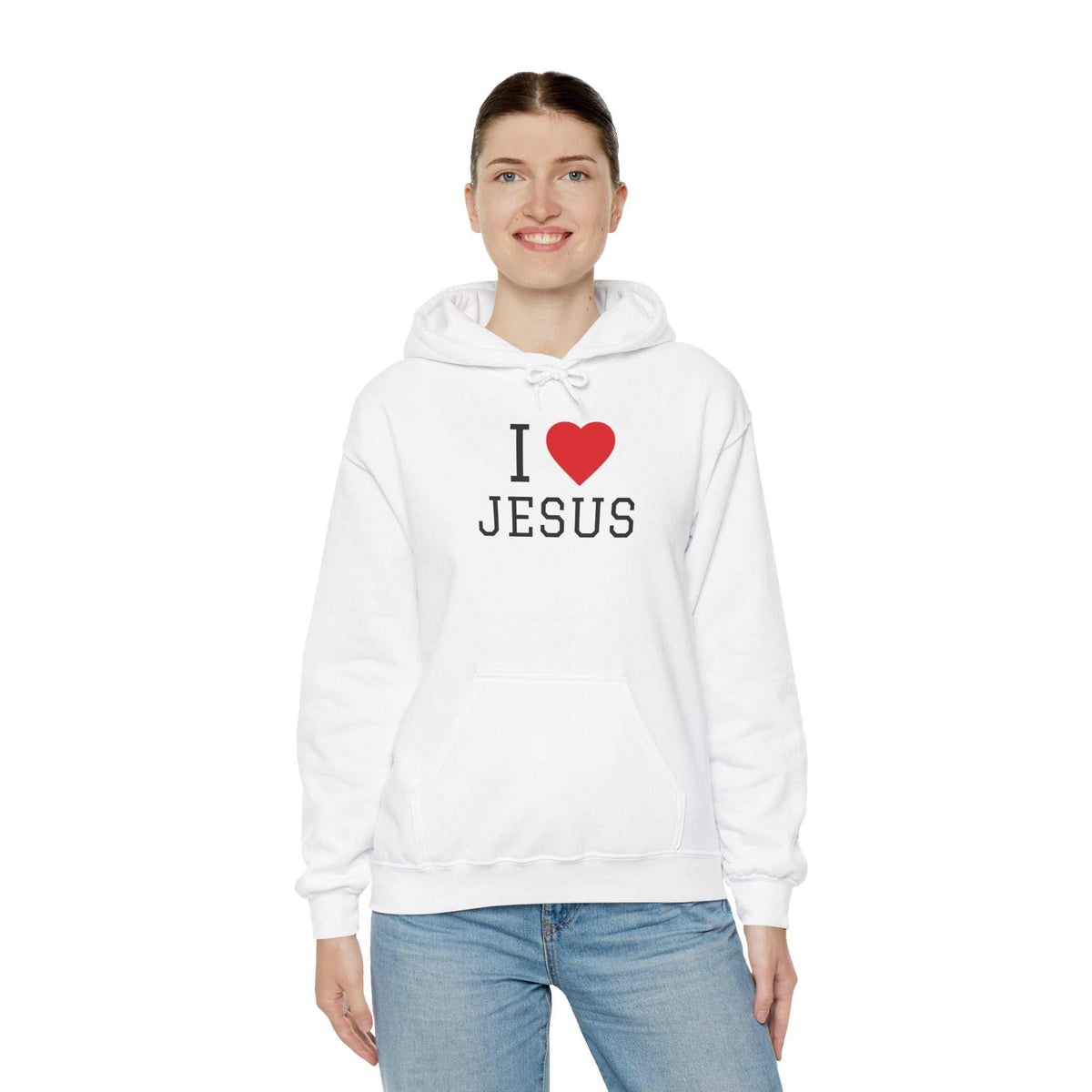 Unisex soft-style I Love Jesus Hoodie made from 100% ring-spun cotton with durable twill tape shoulders and ribbed collar.