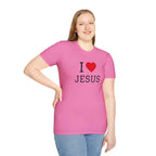 Unisex I Love Jesus T-Shirt made from soft, breathable cotton with durable twill tape shoulders and ribbed collar for comfort and longevity