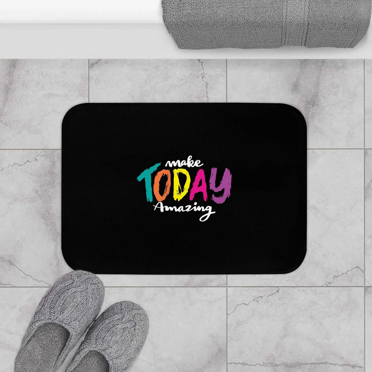 Inspirational bath mat with "make TODAY amazing" text in colorful letters