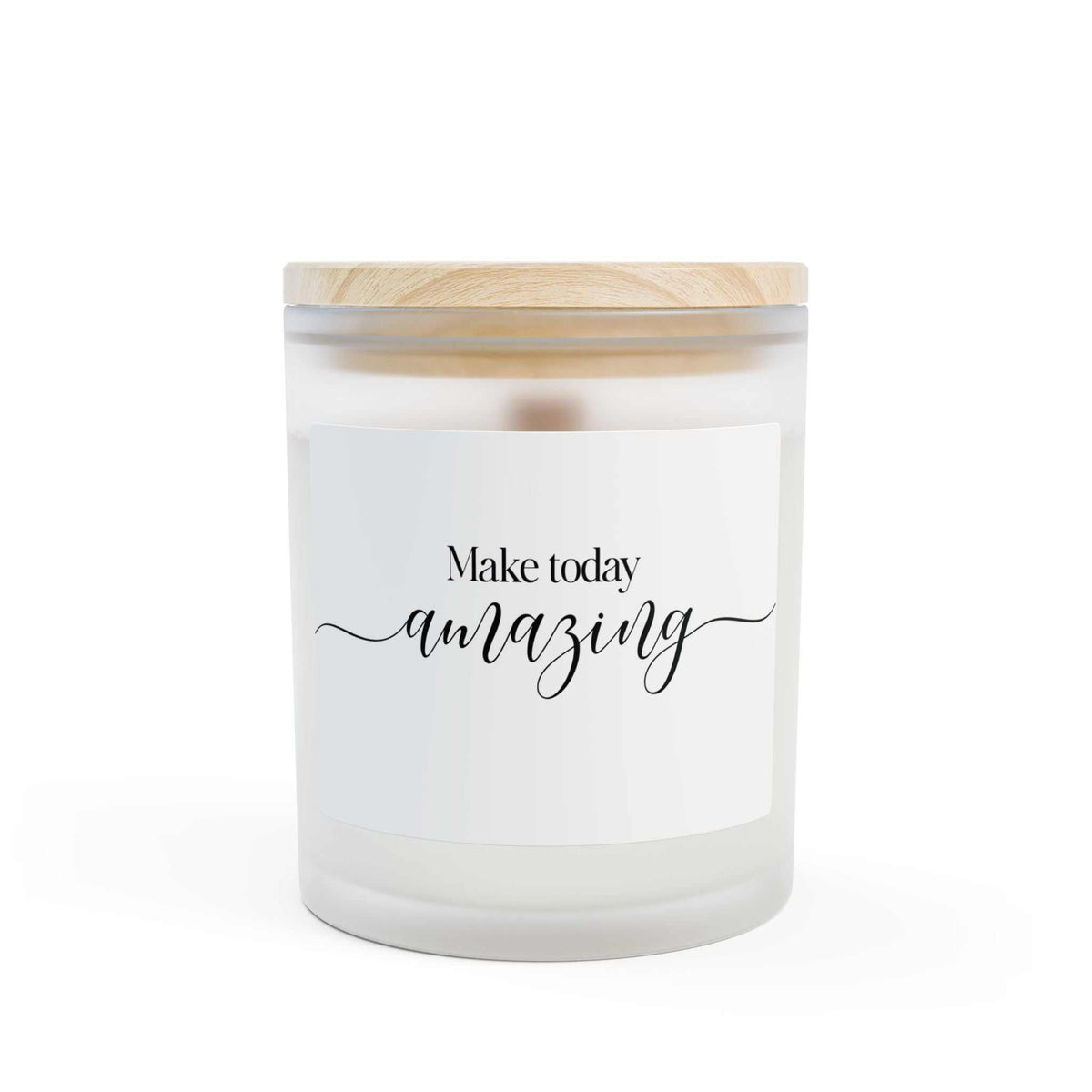 Inspirational candle in frosted glass with "Make today amazing" text