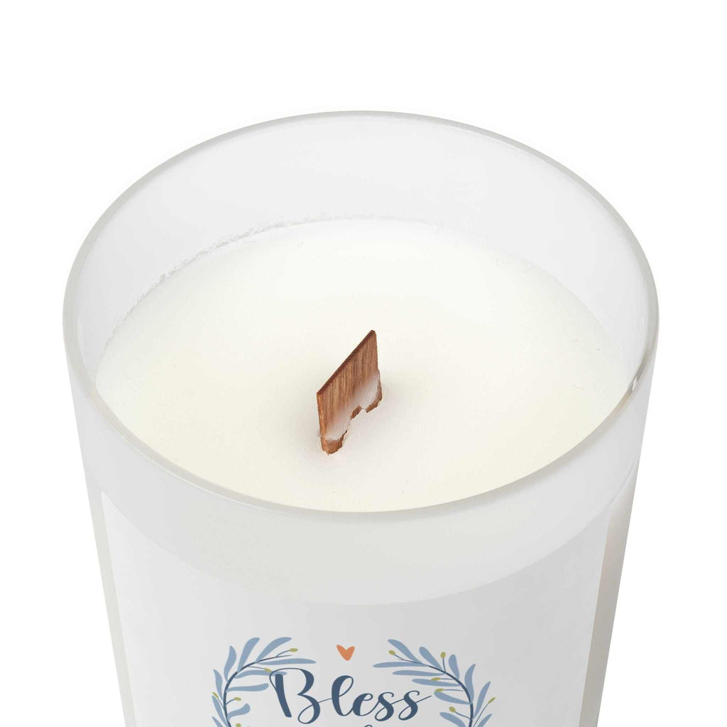 Bless Our Home Candle in frosted glass with wooden wick and natural off-white coconut soy wax