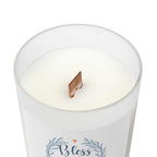 Bless Our Home Candle in frosted glass with wooden wick and natural off-white coconut soy wax