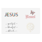 Inspirational vinyl sticker sheet with Jesus, Blessed, butterfly, and cross