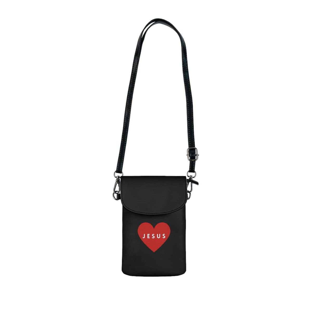 Black Jesus Cell Phone Wallet with red heart design, adjustable strap, faux leather, and multiple compartments.