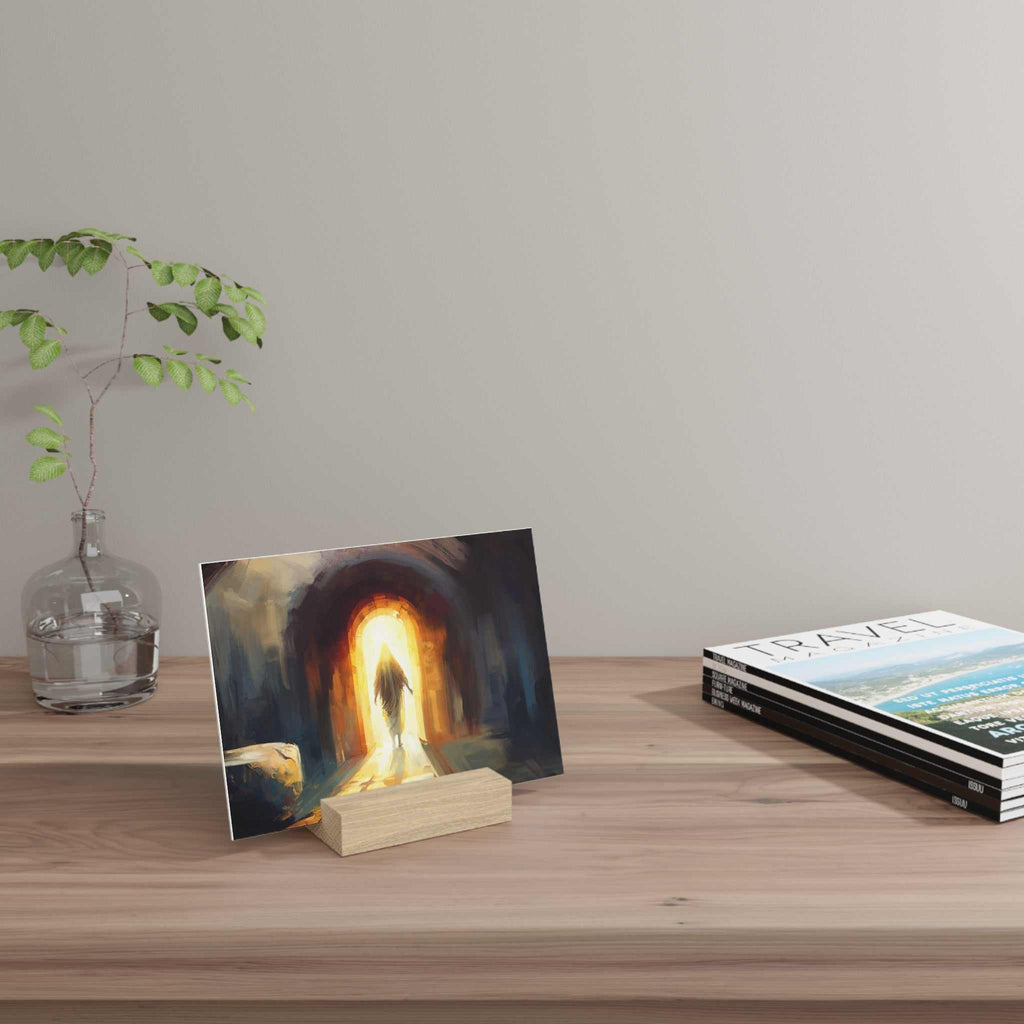 Jesus Christ Gallery Board with hand-crafted wooden stand on desk