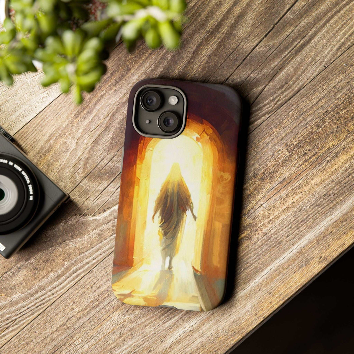 Jesus Christ phone case with glowing figure design