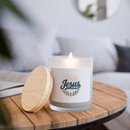 Jesus Glass Candle in frosted glass with wooden lid