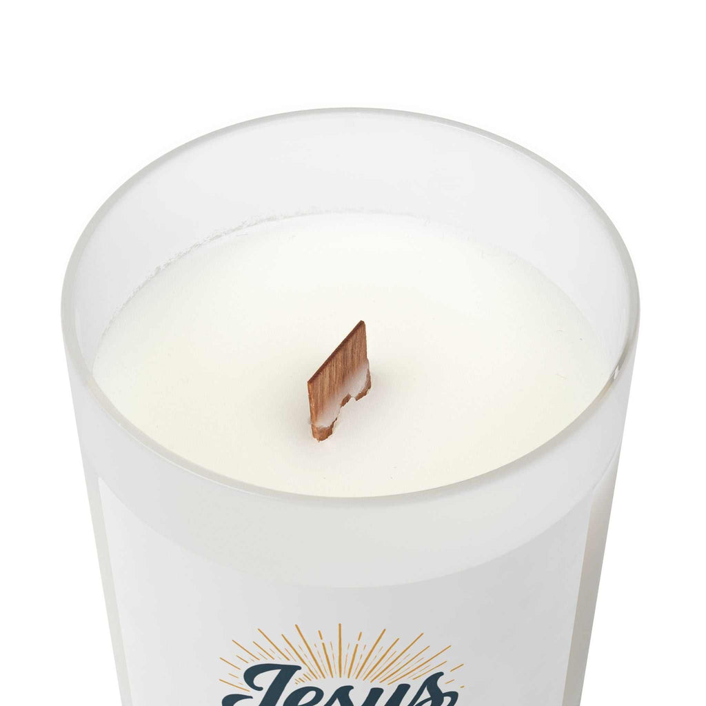 Jesus Glass Candle with natural off-white coconut soy wax