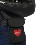 Black cell phone wallet with red heart and Jesus text, compact with adjustable strap and zippered compartments